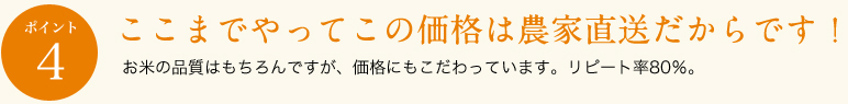 ポイント4
ここまでやってこの価格は農家直送だからです！
お米の品質はもちろんですが、価格にもこだわっています。リピート率８０％。